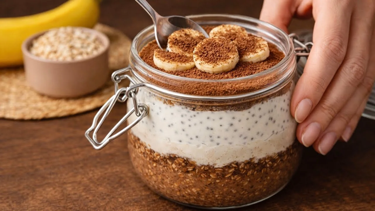 Csokoládés banános éjszakai zabkása tálalva, egészséges reggeli recept