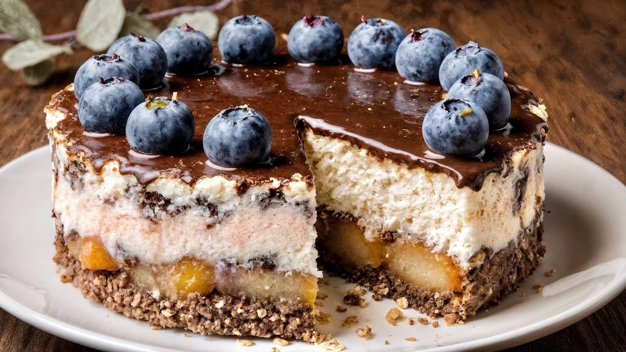Egészséges sütés nélküli torta színes gyümölcsökkel díszítve