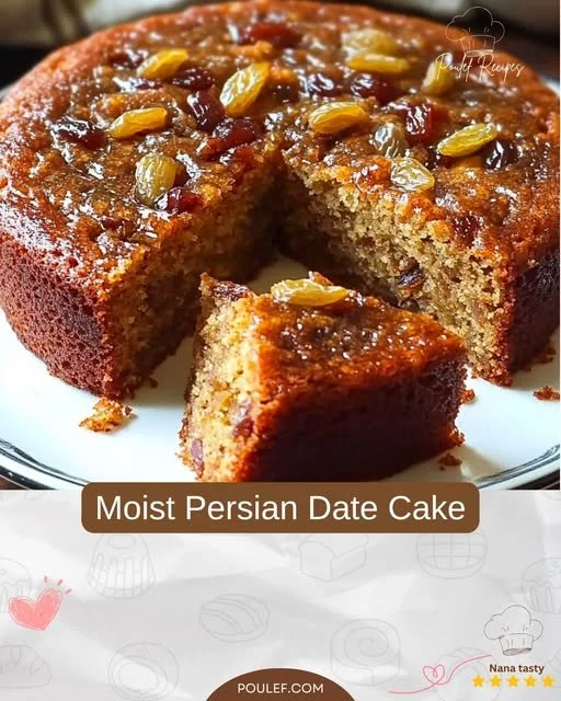 Nedves perzsa datolyás torta szelet tálalva friss gyümölcsökkel