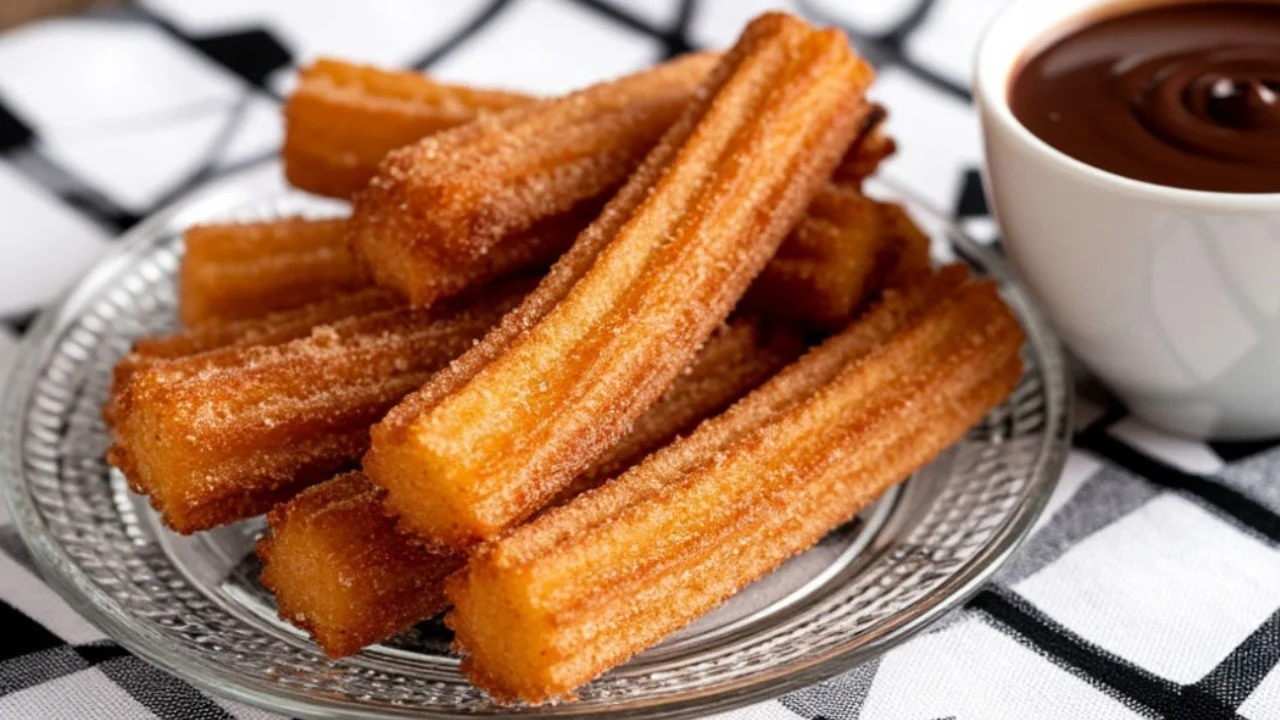Zabpelyhes churros dekoratív tálban, forró csokoládévalöntettel