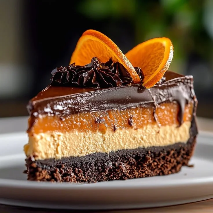 Csokoládés narancs sajttorta szelet tálalva, gazdag ízekkel.