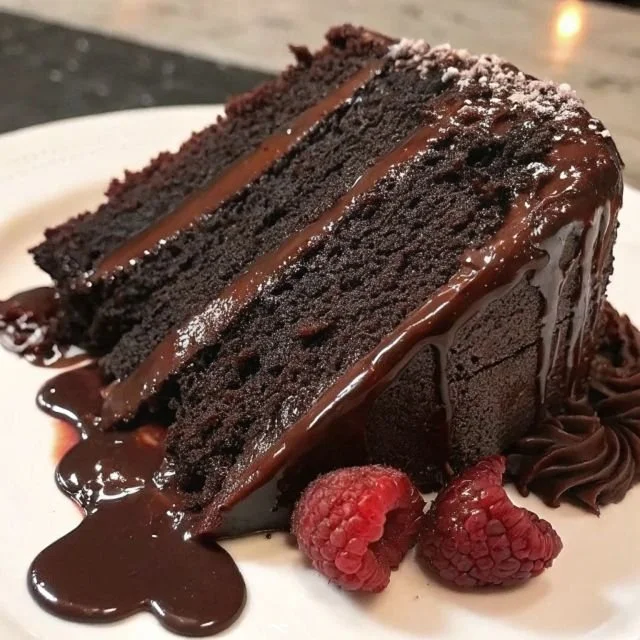 Finom csokoládétorta szelet tálalva, gazdag csokoládéval a tetején.