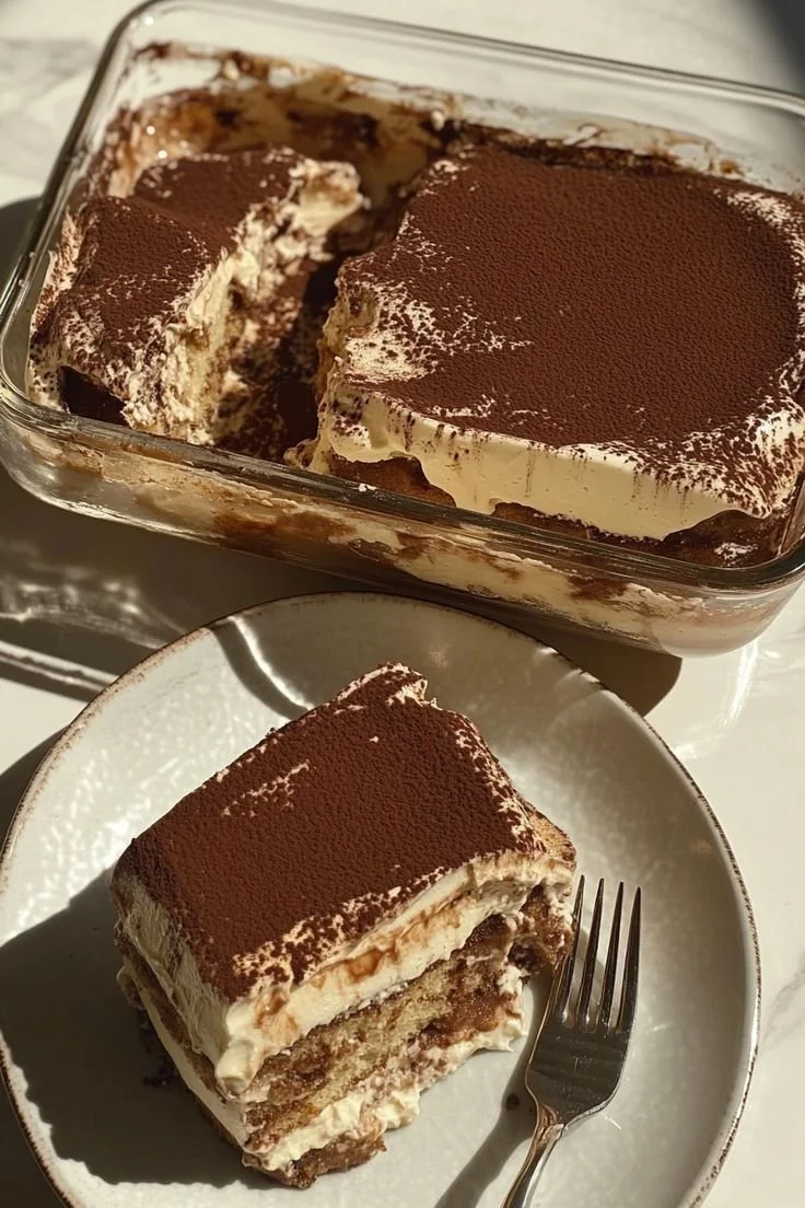 Fehérjében gazdag tiramisu tányéron, édes és krémes desszert