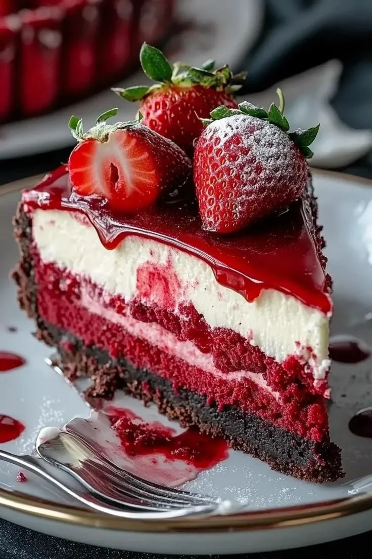 Piros Velvets Epres Sajttorta friss eperrel és krémes sajttal.