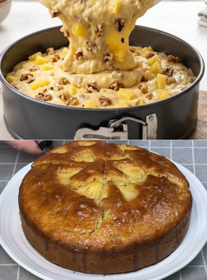 Ananász-dió torta szelete egy tányéron, friss gyümölcsökkel díszítve.