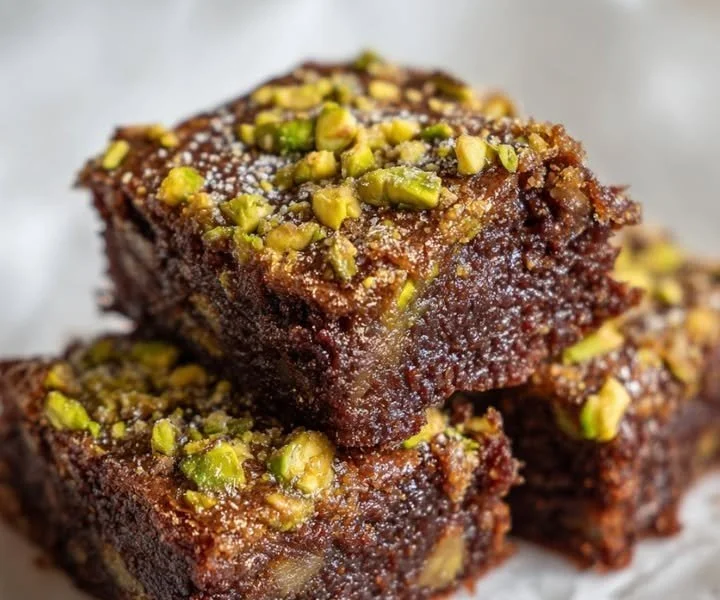 Brownie Owsiane fügével és pisztáciával díszítve egy tányéron.