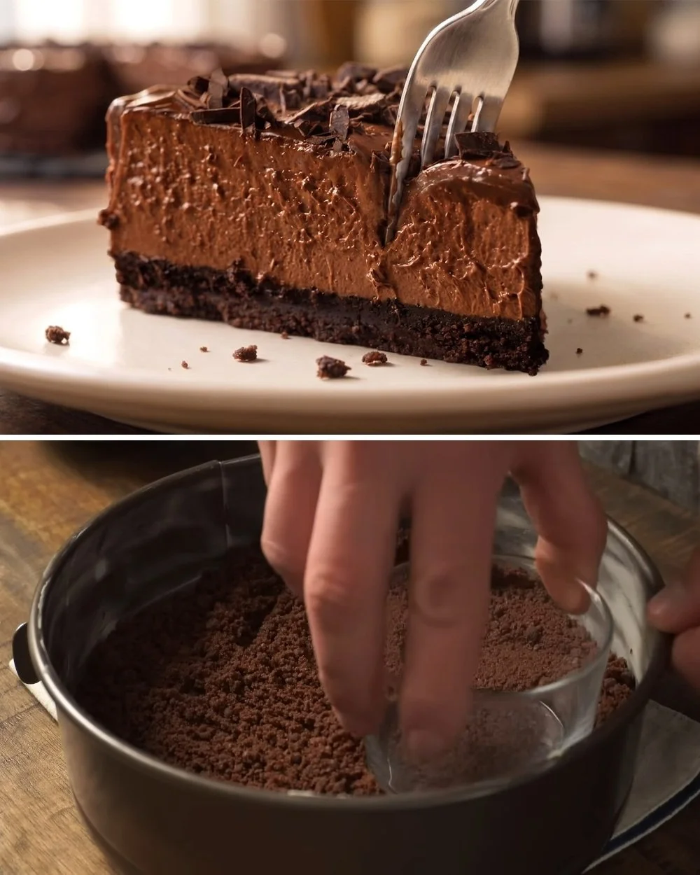 Háromcsokoládés sajttorta, selymes textúrával és gazdag ízekkel.