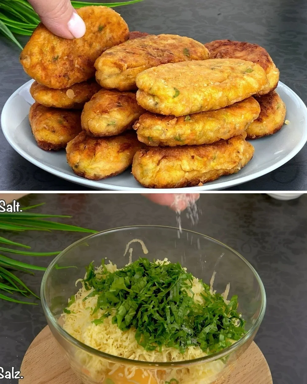 Könnyen elkészíthető cukkini frittelle tálalva friss fűszernövényekkel.