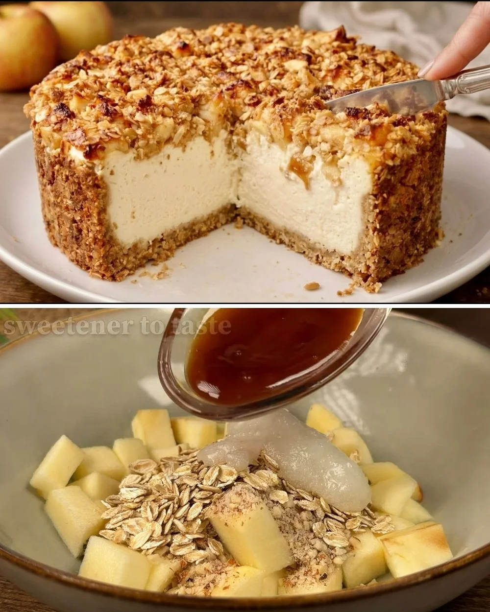 Egészséges sajttorta recept tálalva, gyümölcsökkel díszítve