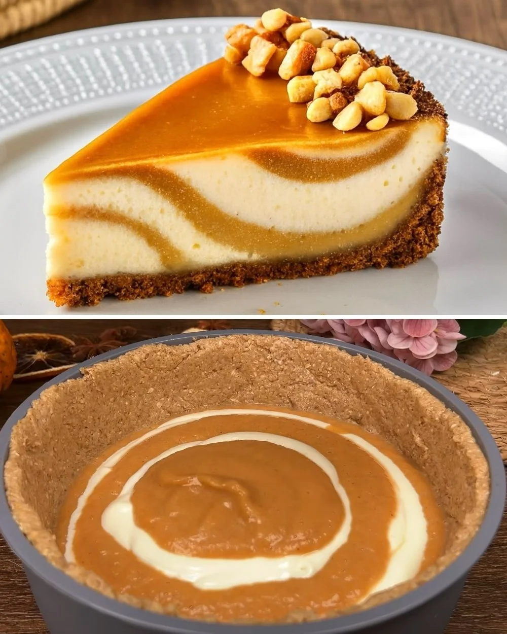 Sajttorta zabpehellyel és sütőtökkel tálalva