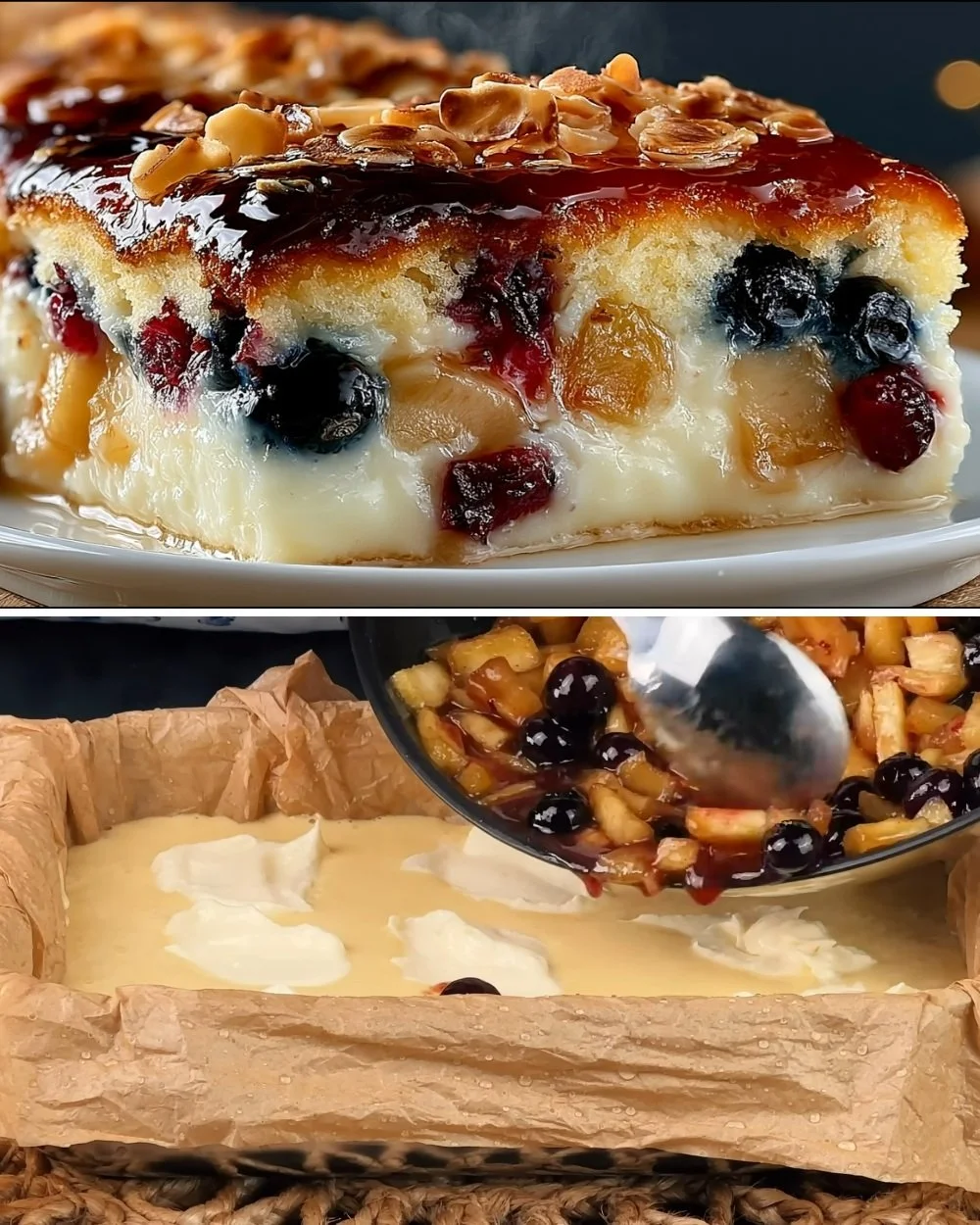 Finom Alma-Málnás Joghurtos Pite szelet, friss gyümölcsökkel tálalva.