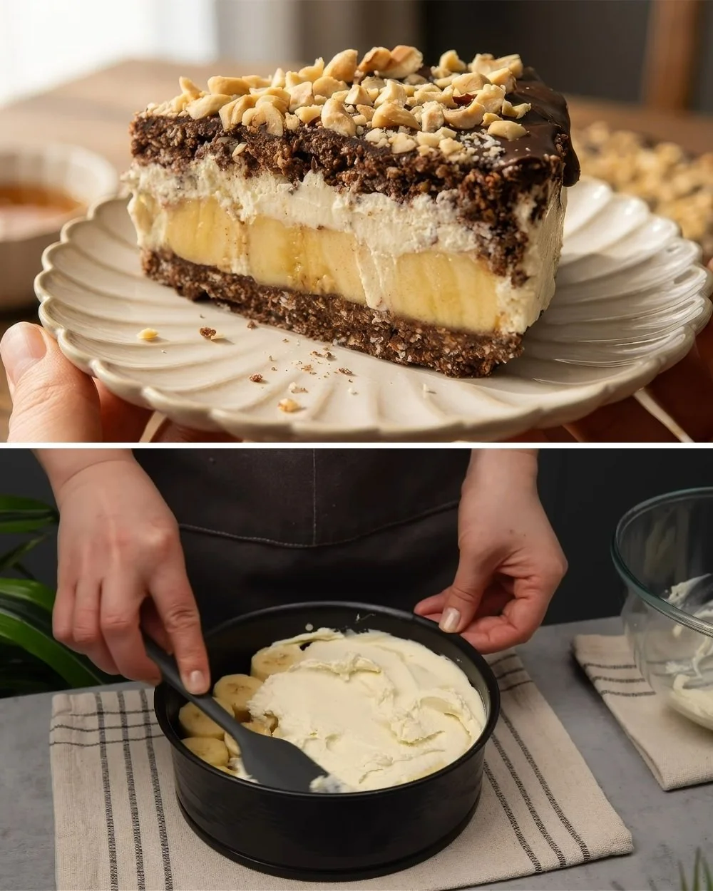 Egészséges No-Bake Banán-Árpa Torta recept tálalva