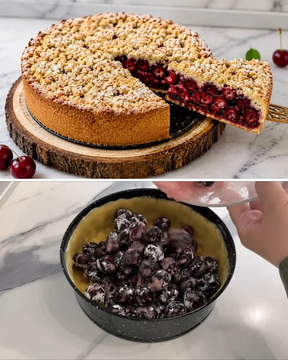 Készített Meggyes Pite szelet tányéron friss meggyel és tejszínhabbal.
