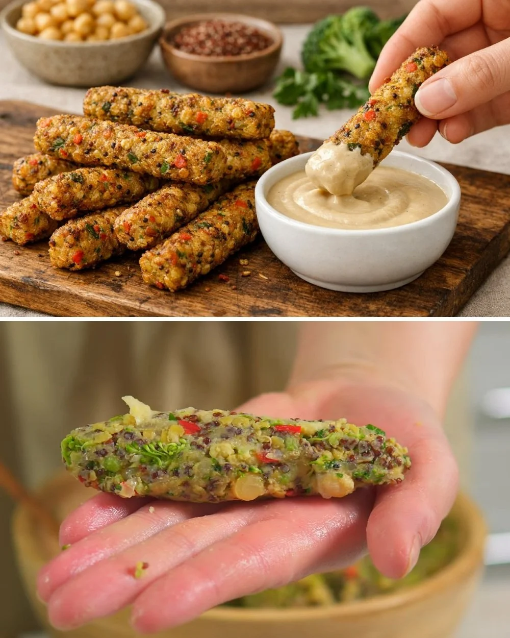 Sütőben sült csípős csicseriborsó és quinoa rudak tányéron.