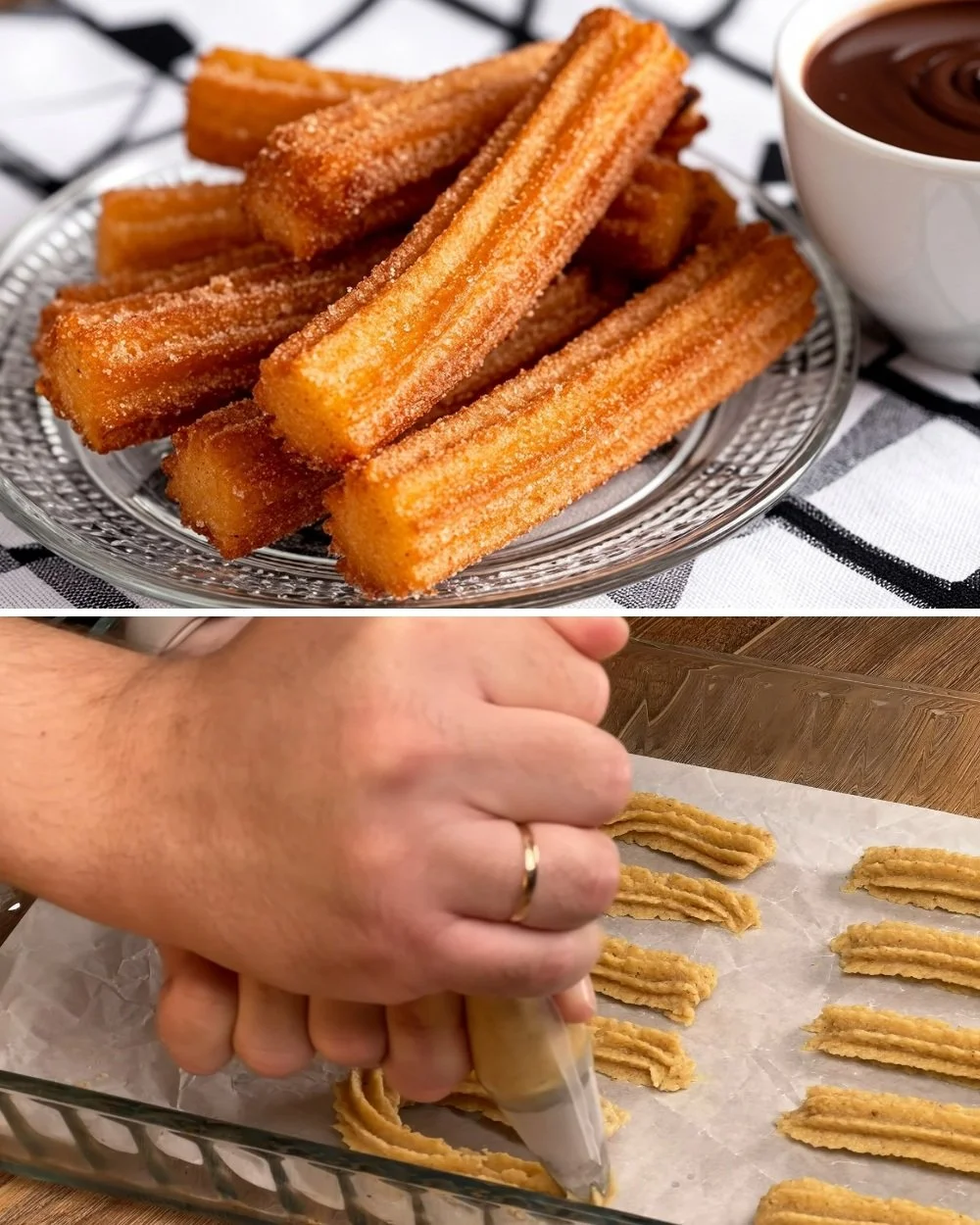 Friss churros csokoládéöntettel tálalva