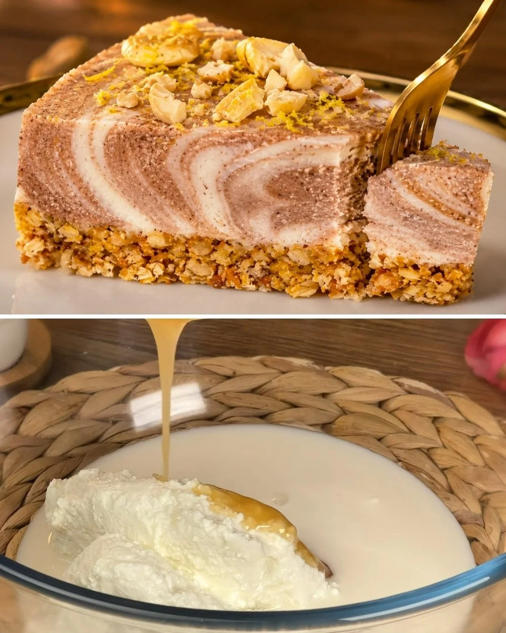 Egészséges no-bake zabkása sajttorta receptje friss gyümölcsökkel