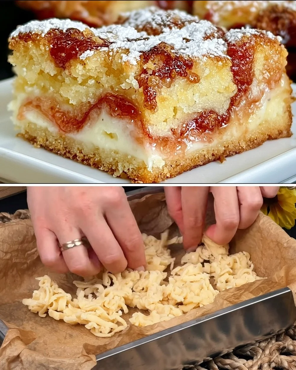 Epres joghurtos morzsa torta, friss eperszeletekkel és joghurtkrémmel díszítve.