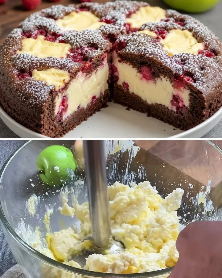 Kréms csokoládétorta málnával, édes és ízletes desszert