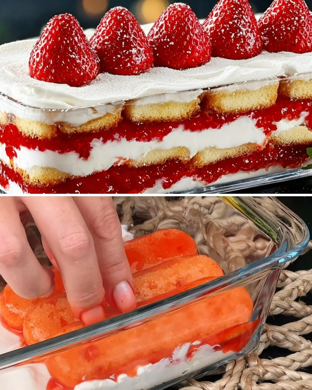 Sütő nélküli eper tiramisu réteges desszert pohárban eperrel és krémmel
