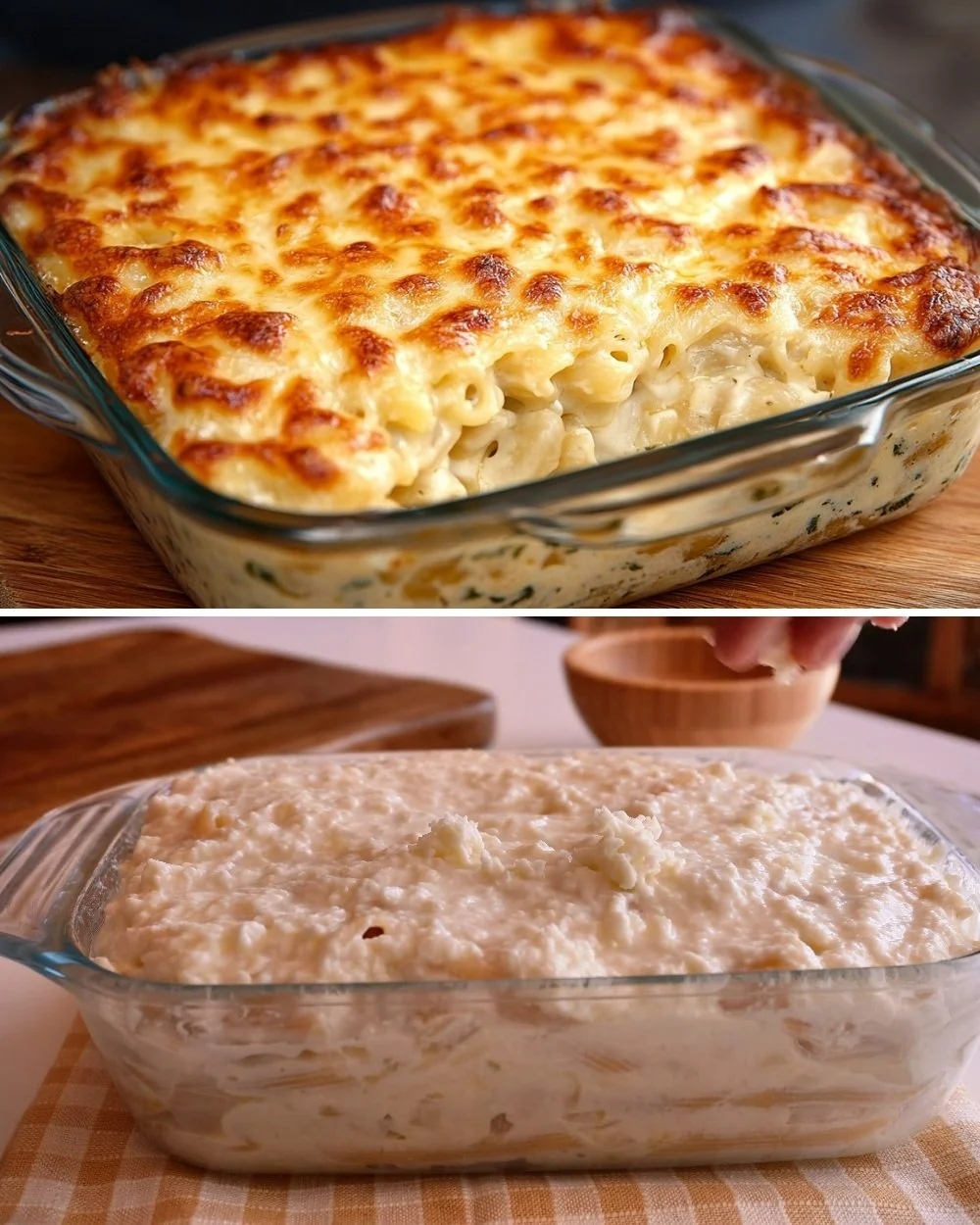 Csirke Alfredo Casserole tálalva, gazdag ízekkel és krémes szósszal