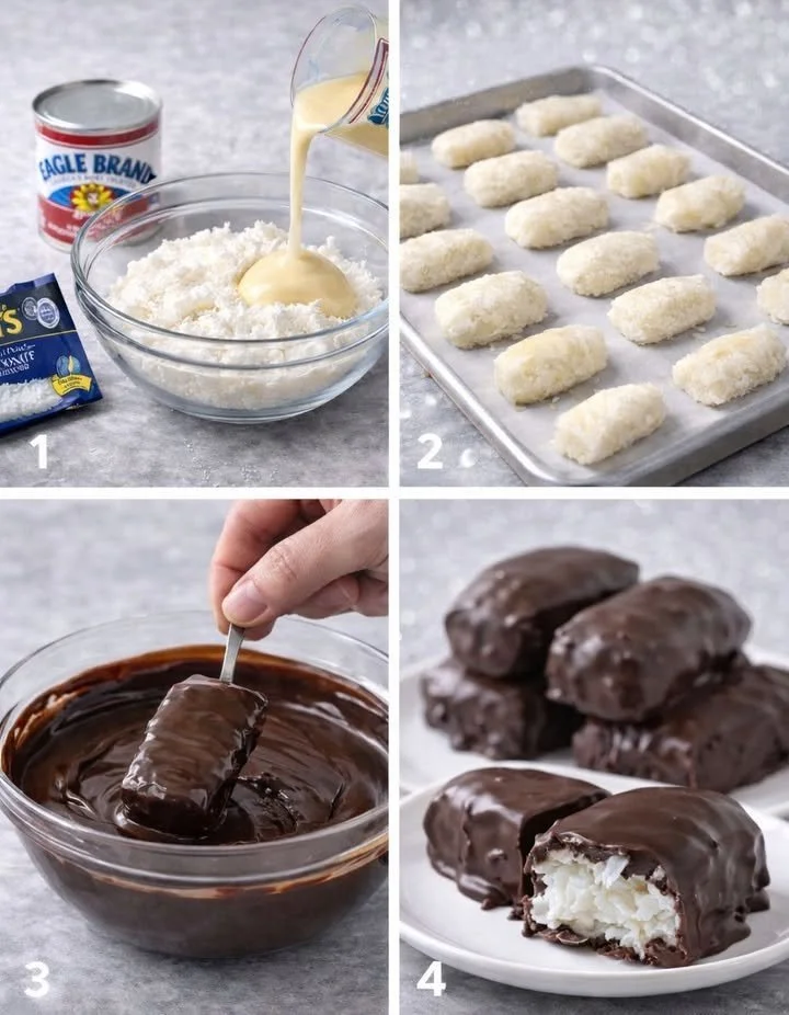 Házi készítésű Mounds szeletek recept, finom csokoládés kókuszdesszert.
