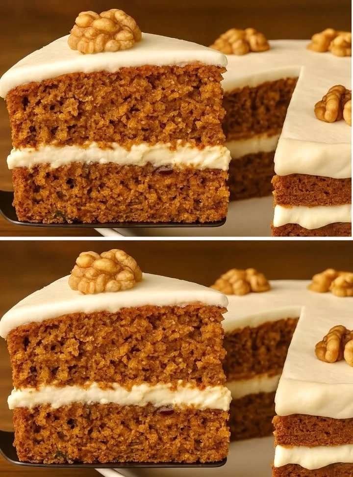 Finom sárgarépa torta friss hozzávalókból, tálalva egy elegáns tányéron.