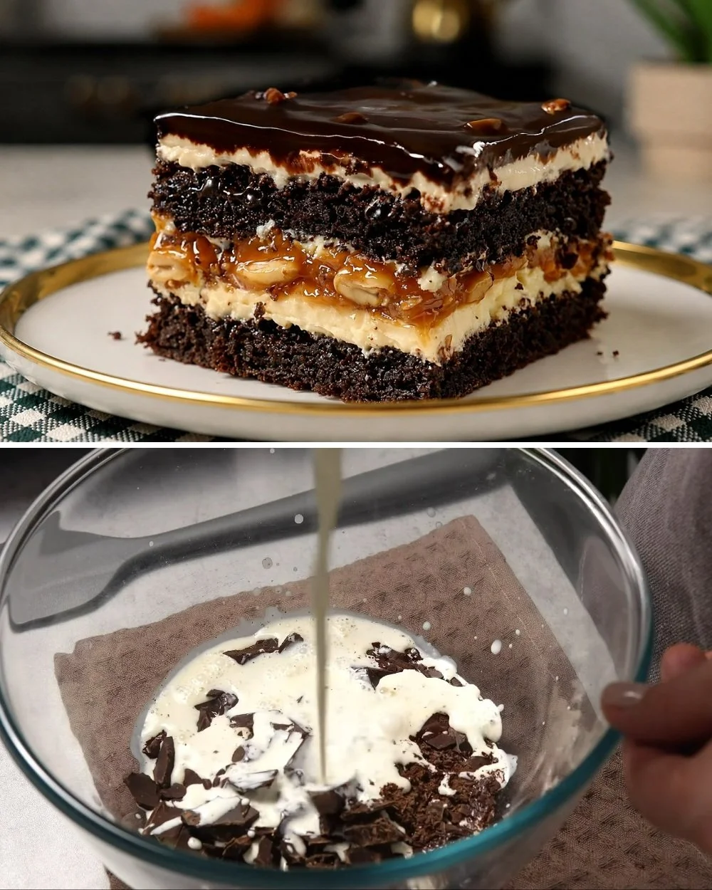 Snickers torta csokoládéval, karamellel és mogyoróval díszítve