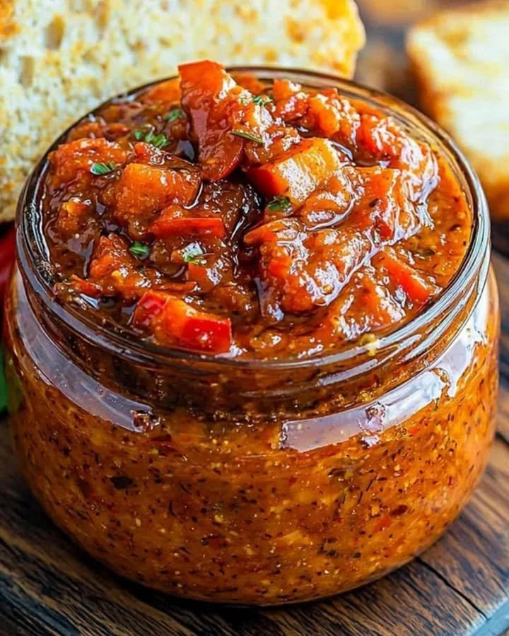 Sült padlizsánnal készült fűszeres paprika krém tálalva friss zöldségekkel.