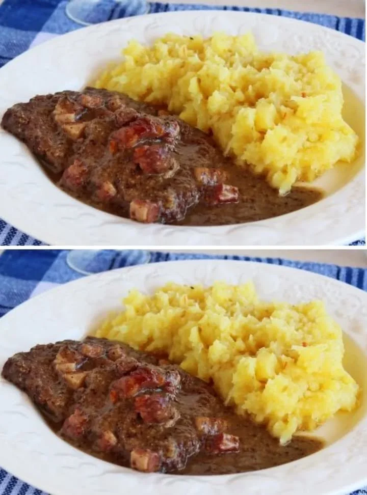 Vörösboros marhasült hagymás burgonyával tálalva